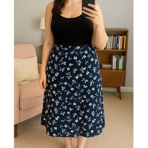 Vintage Y2K Navy Blue Butterfly Floral Long Midi Skirt Womens 12 All Over Print